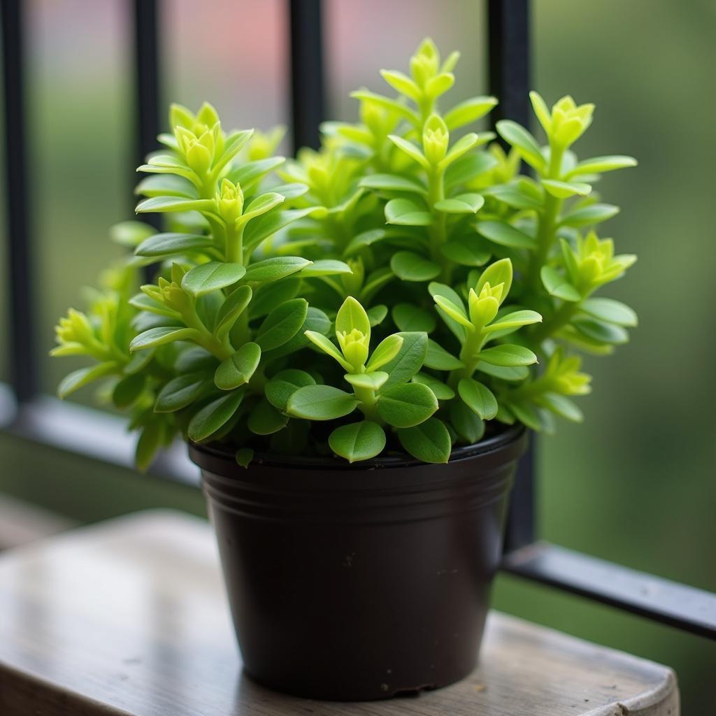 Cây chó đẻ trồng trong chậu nhỏ, xanh tốt, được đặt trên ban công, mang lại vẻ đẹp tự nhiên và tươi mát cho không gian.