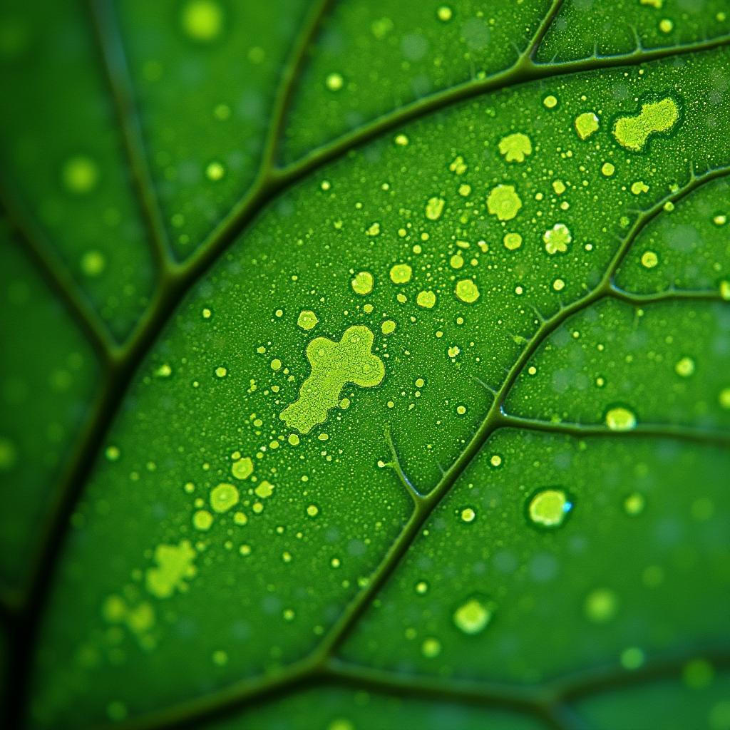 Hình ảnh cận cảnh lá cây chó đẻ dưới kính hiển vi, cho thấy cấu trúc tế bào và các thành phần hóa học có giá trị dược liệu.