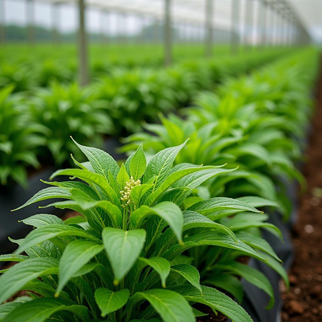 Vườn cây chó đẻ xanh mướt, được trồng theo hàng lối, thể hiện quy trình canh tác bài bản và chuyên nghiệp trong sản xuất dược liệu.